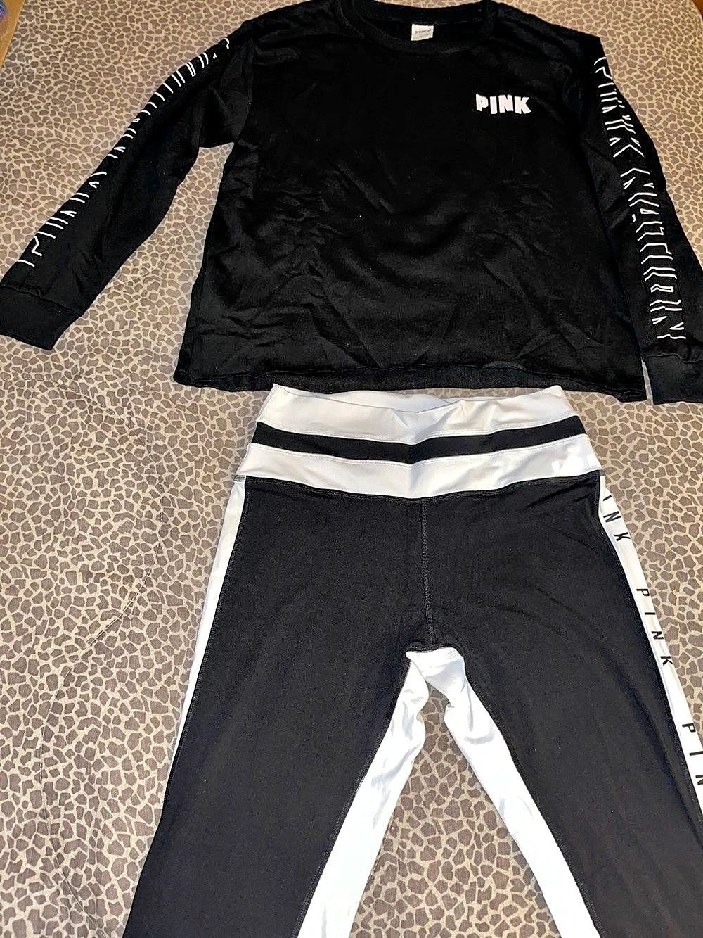Victoria's Secret PINK Black & White Color Block Long Sleeve Set